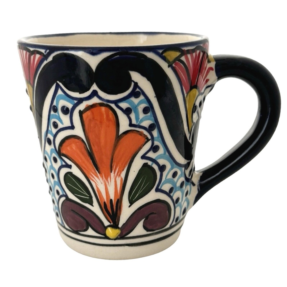 Alba Mex Talavera Coffee‎ Mug Hand Painted Pottery Blue Orange Floral Folk Art